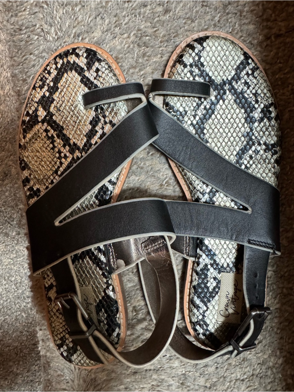 Crown Vintage Black Strappy Sandals with Snake-Print Insole